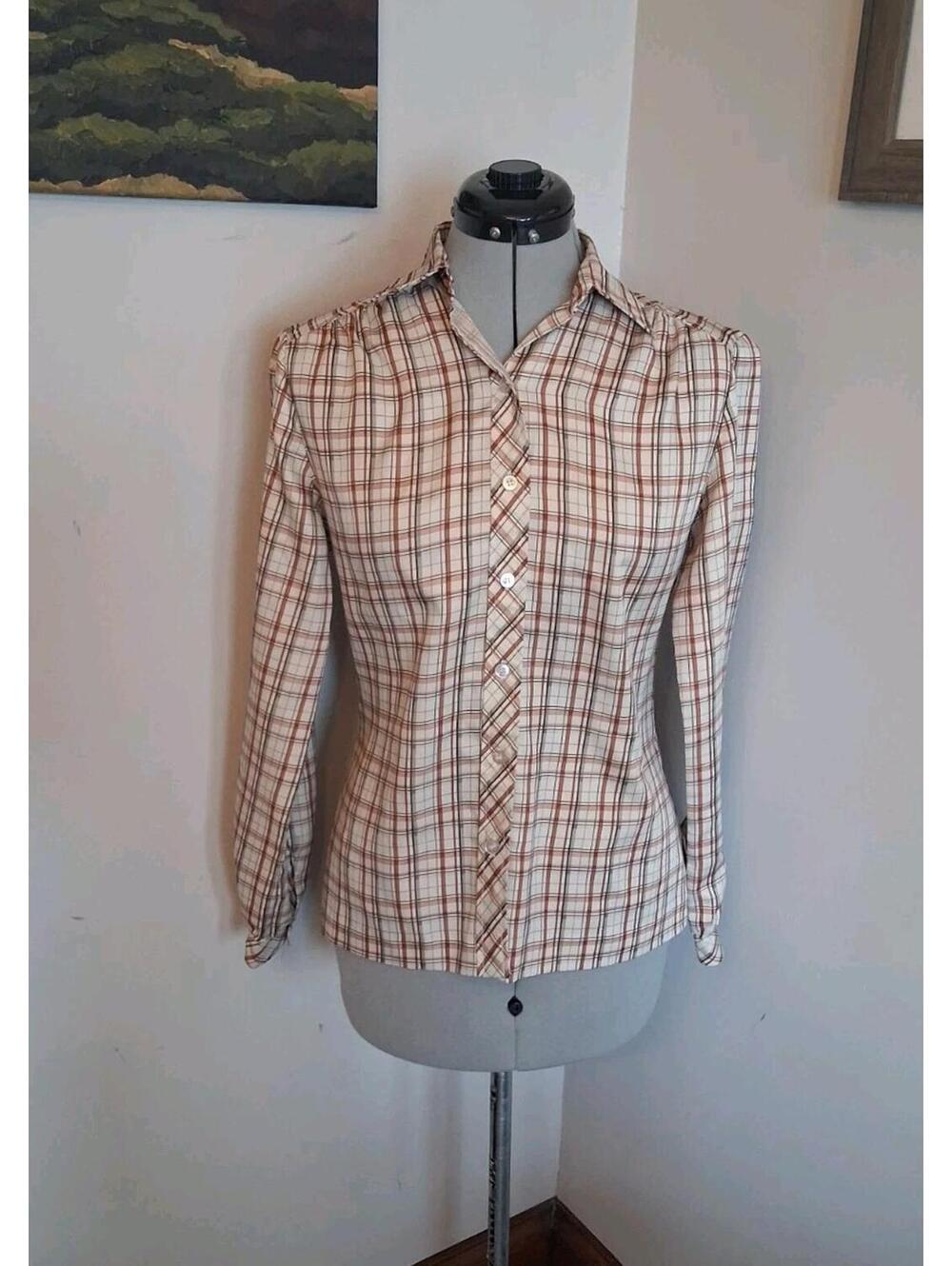 Vintage 70s Blouse Collegetown Retro Secretary Button Down, mcm Sz M Plaid
